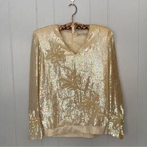 80s Vintage Tracy Mills champagne floral sequin long sleeve Blouse NYE & xmas